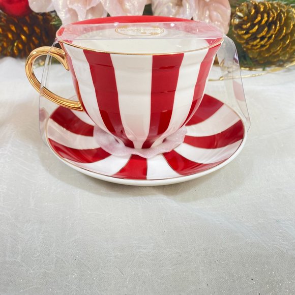 Grace Teaware Fine Porcelain Holiday Red Gold WH Stripe Tea Cups & Saucers 4PC - Picture 6 of 9